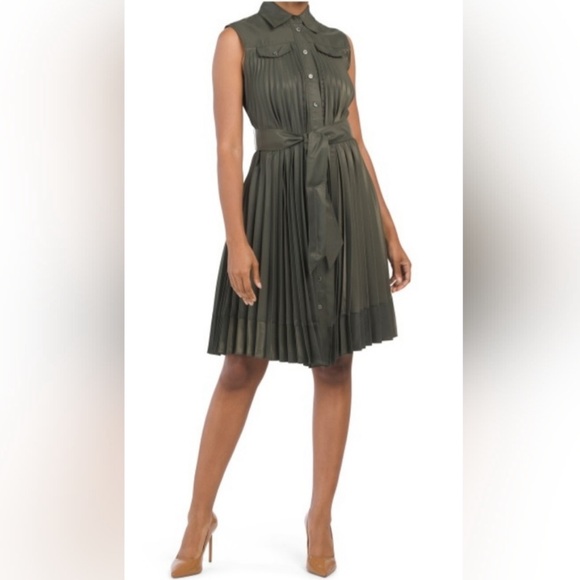 Elie Tahari Pleated Olive Midi Dress • S - Picture 1 of 7